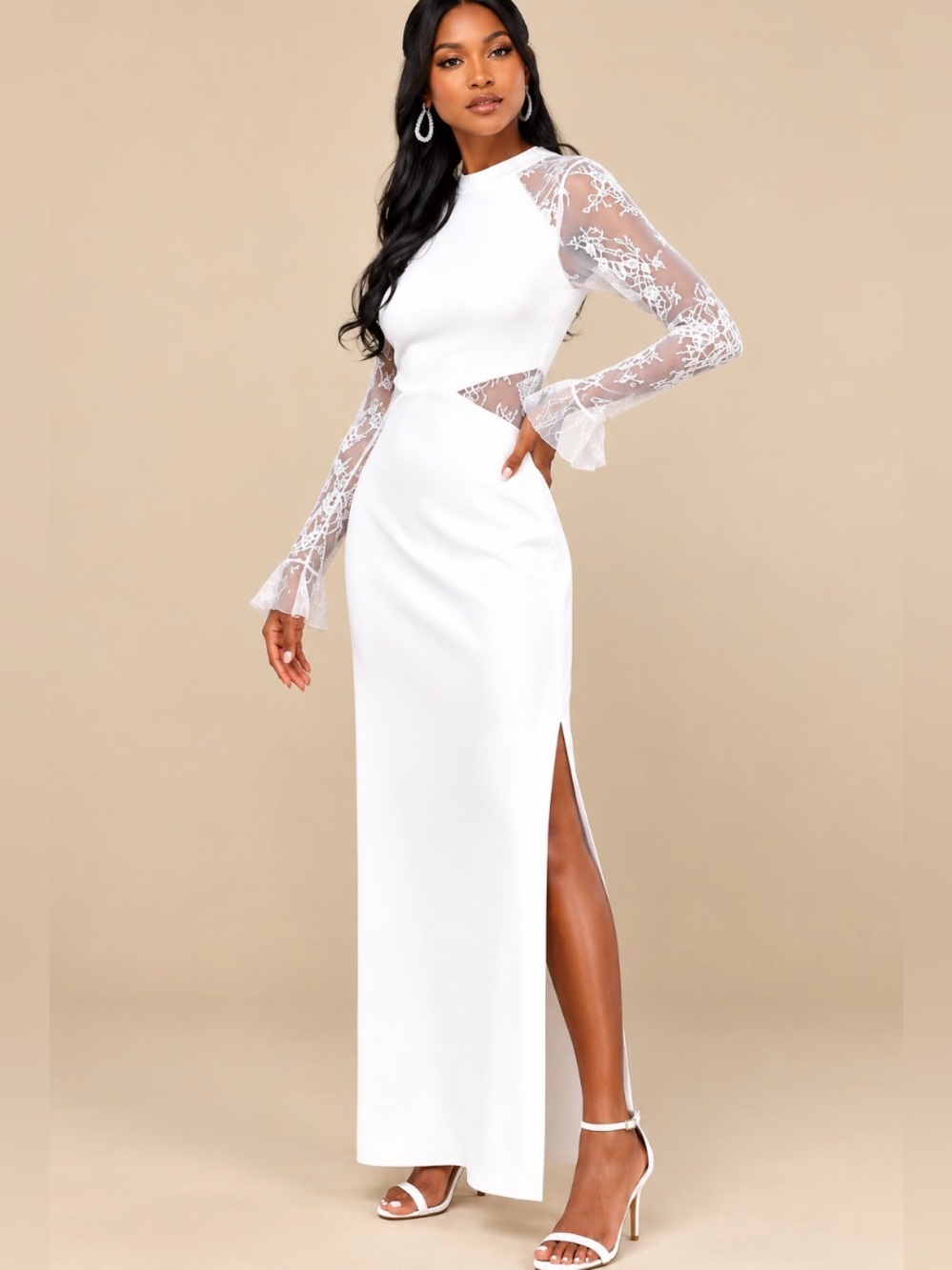NWT White Lace Long Sleeve Column Maxi Dress